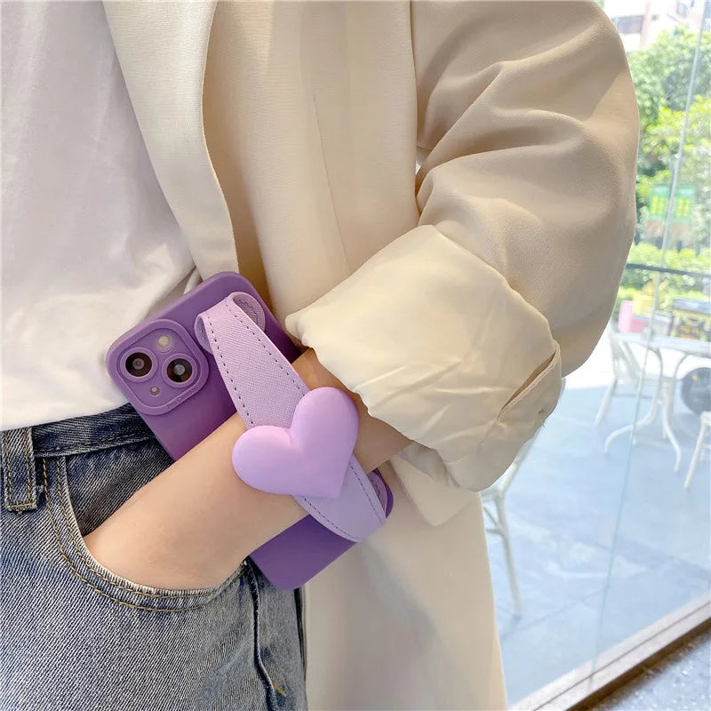 Phone Case With Wrist Strap Holder For iPhone 11/12/13/14/15 Pro Plus Max-Green&Purple