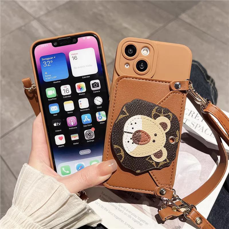 Leather Phone Case With Slot Card and Lanyard  For iPhone 11/12/13/14/15 Pro Plus Max